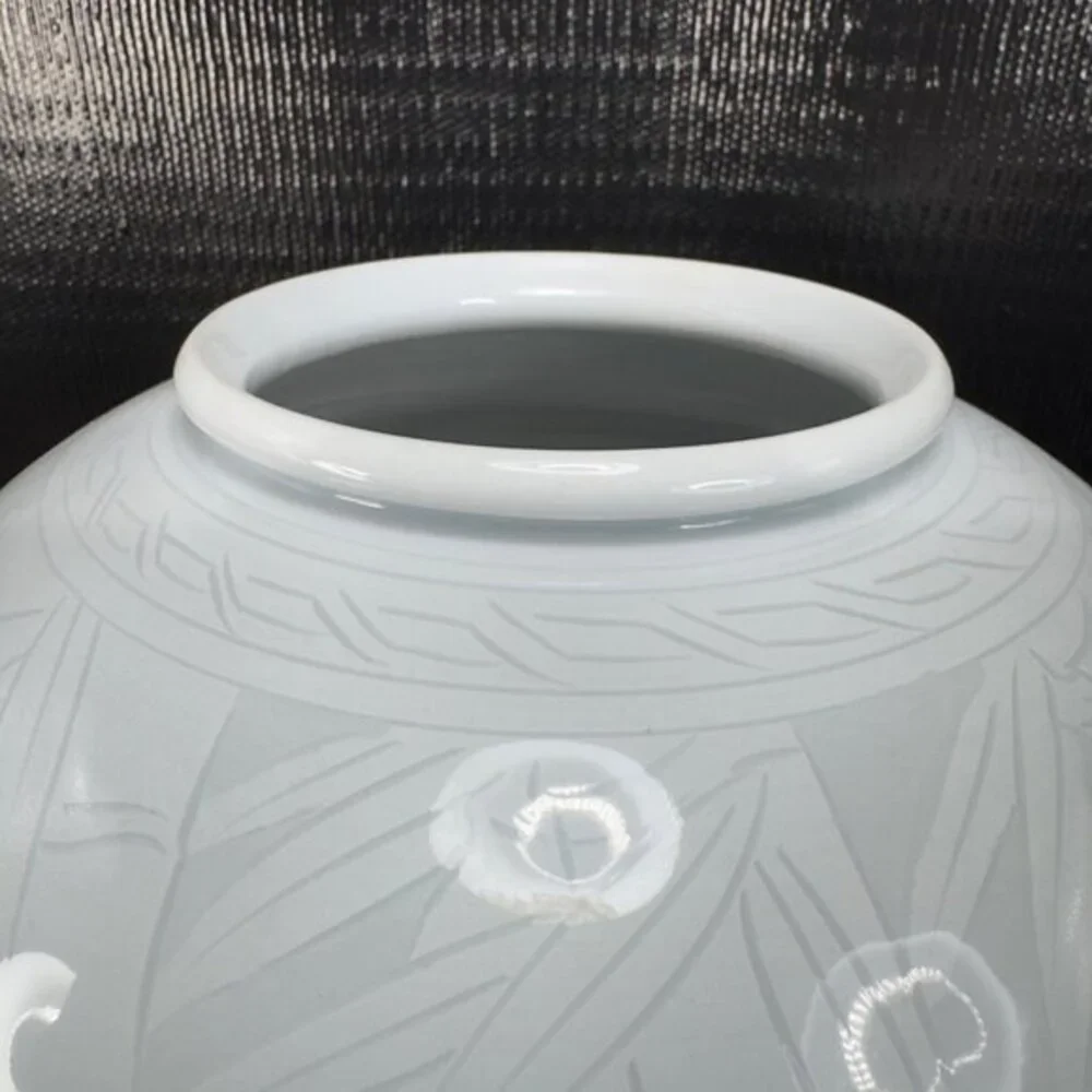Celadon Pottery Vessel Vase With Bamboo‎ Pattern Light Green Artist Signed Vase